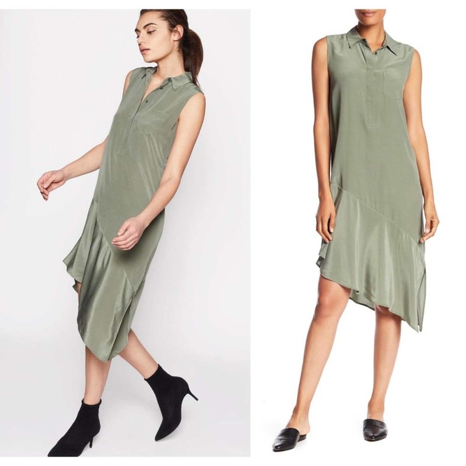 Equipment Tira Asymmetrical Silk Dress Camouflage Green 3a5